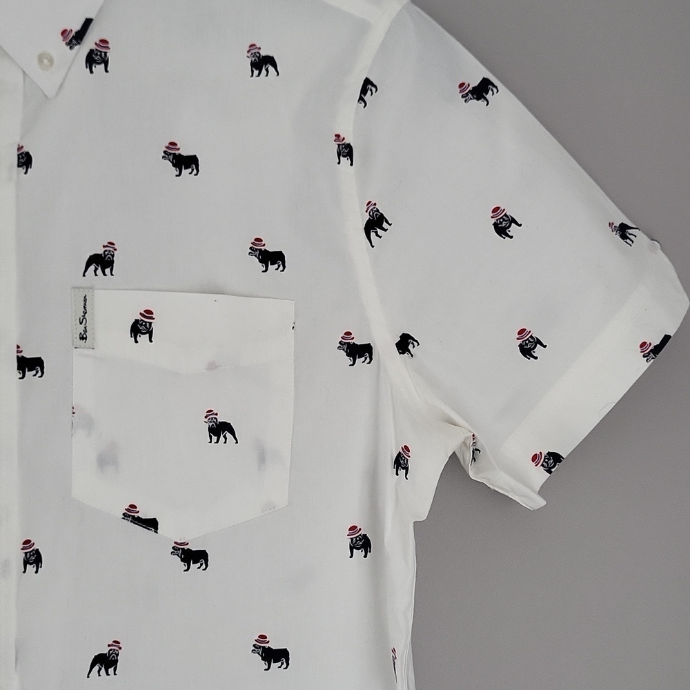 Ben Sherman British Bulldog Print Short Sleeve Button Down Shirt - White - Sz S